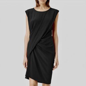 NWT All Saints Ayla SE Dress Silk Black Midi Sheath Asymmetric US 2